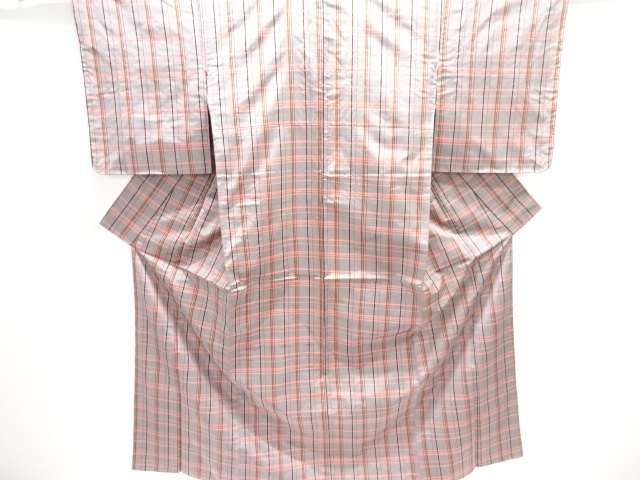 アンティーク　格子模様織り出し米沢紬着物アンサンブル